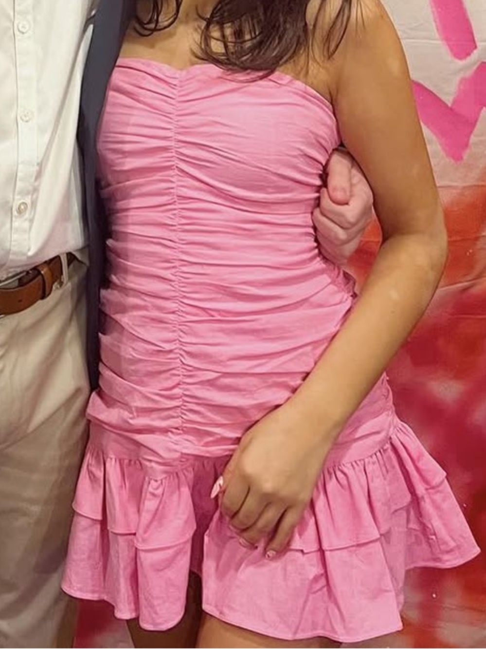 White Fox Pink Ruched Mini Tiered Dress